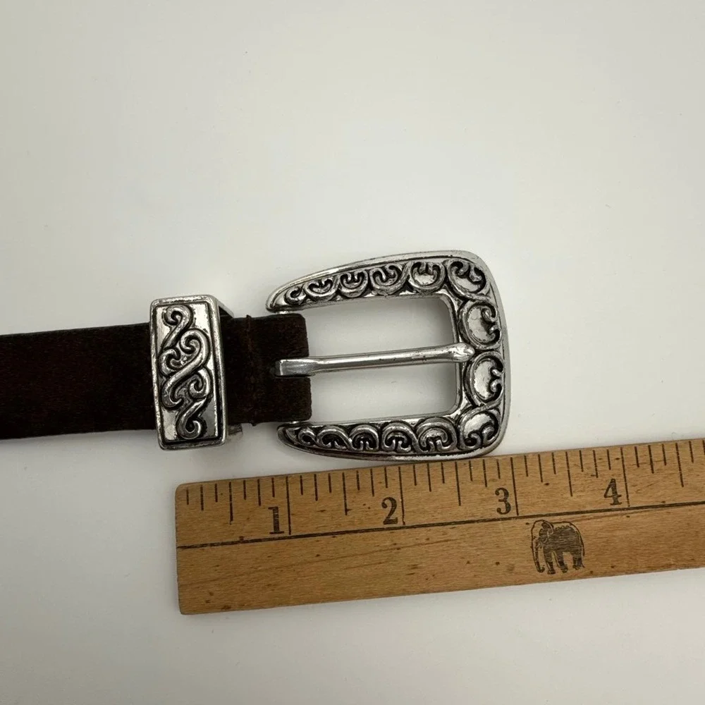 Western Brown Suede Leather Belt Silver Etched Buckle Tip‎ Set Womens ML